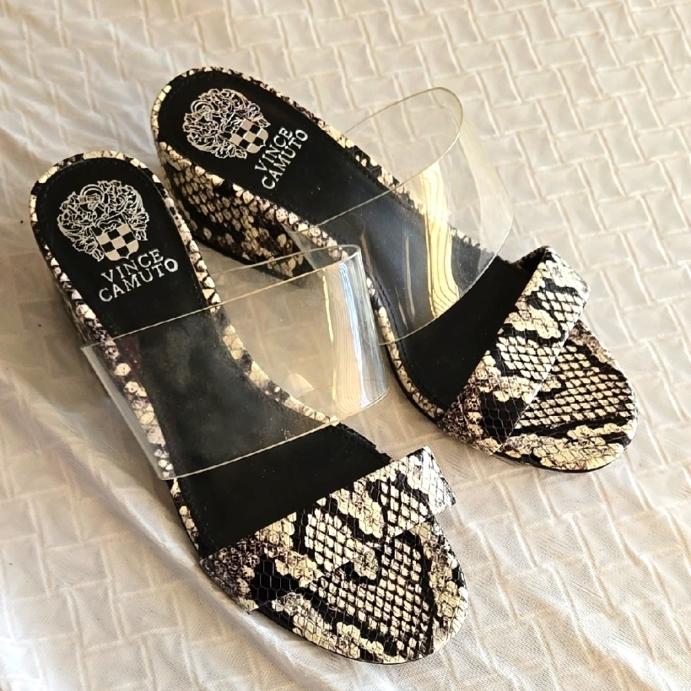 Vince Camuto Clear Strap Snake Print Block Heel Sandals - Black & White - Picture 2 of 8
